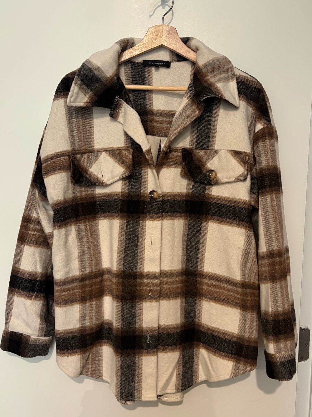 Blu Pepper Plaid Shirt Jacket in Cream and Brown